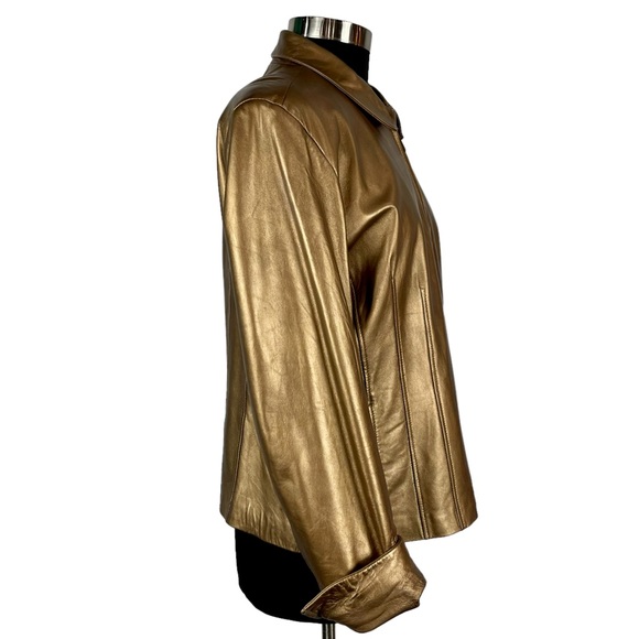 COLDWATER CREEK Y2K BRONZE METALLIC LEATHER ZIP UP COLLARED JACKET - Picture 6 of 15